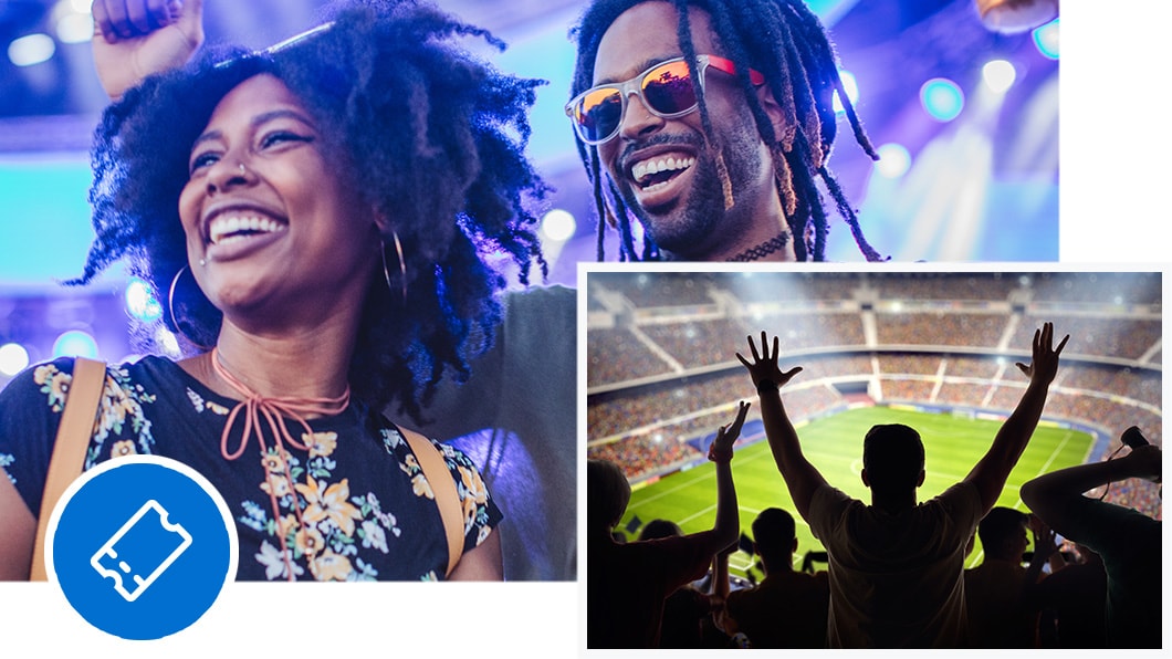 Multiple employees at events booked through Events with AmexTM and a ticket icon.