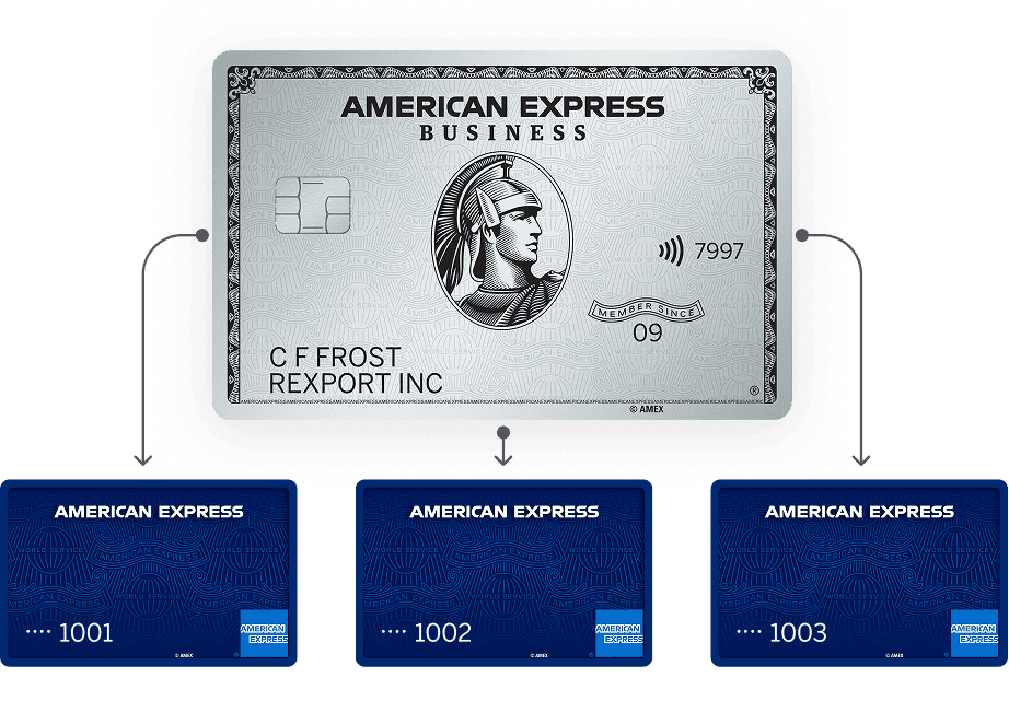 American Express Business Card with arrow pointing towards three blue American Express cards 