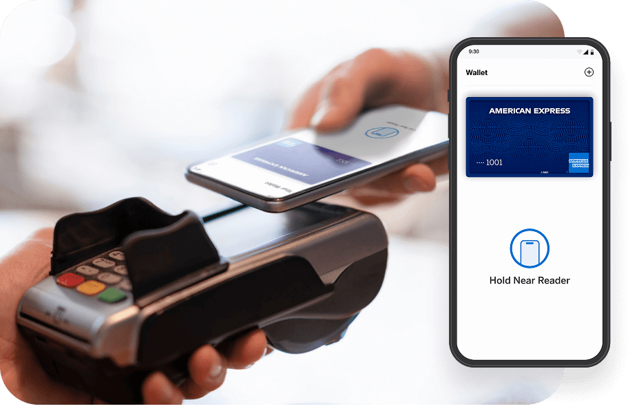 Hand tapping phone on reader and a phone screen with overlay of blue American Express Card