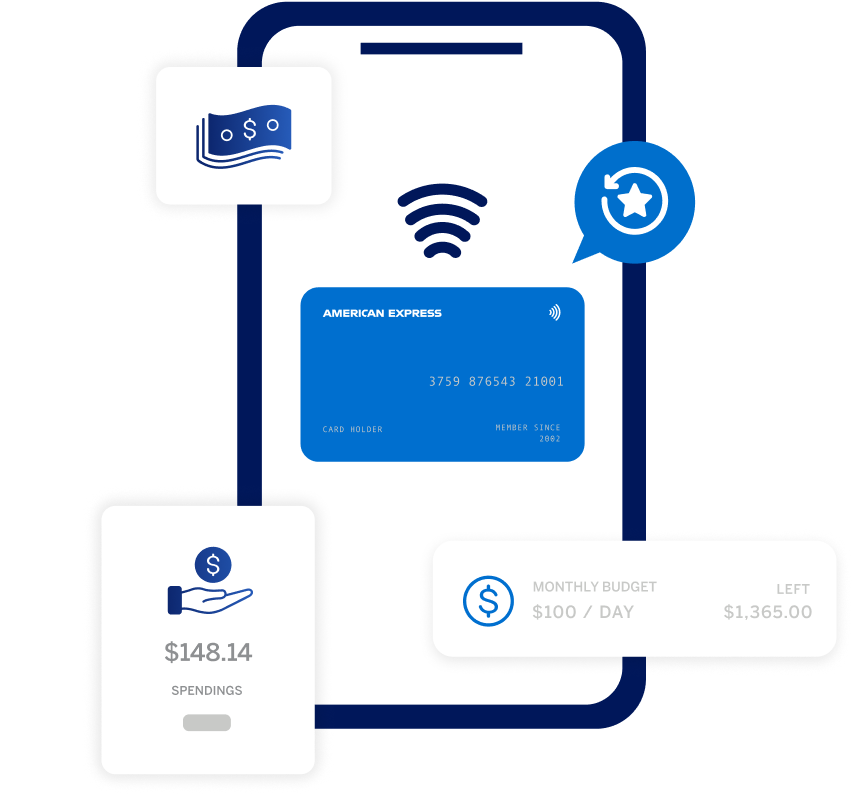 iPhone carousel with dollar sign icon, cash icon, card icon, and wifi icon