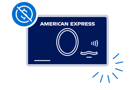 An illustration of an American Express Business Card with a slashed-out dollar sign icon in the top-left corner.