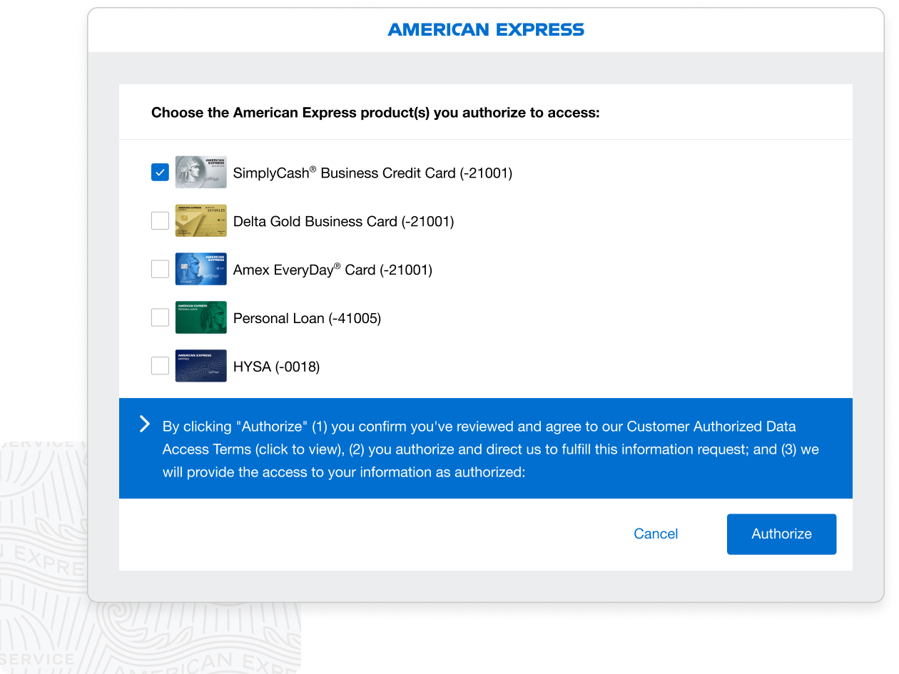 Screenshot of five account product options, including SimplyCash Business Credit Card, with terms disclaimer, and "Authorize" button.