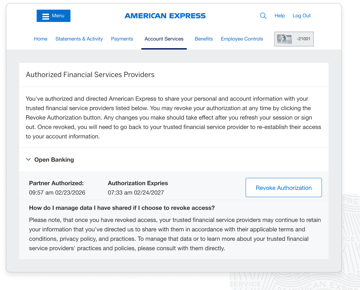 Screenshot of account page showing authorized financial services providers, open banking details, and a button to revoke authorization.