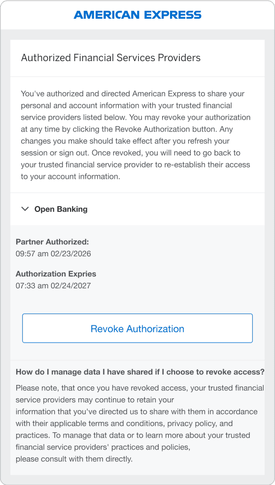 Screenshot of account page showing authorized financial services providers, open banking details, and a button to revoke authorization.