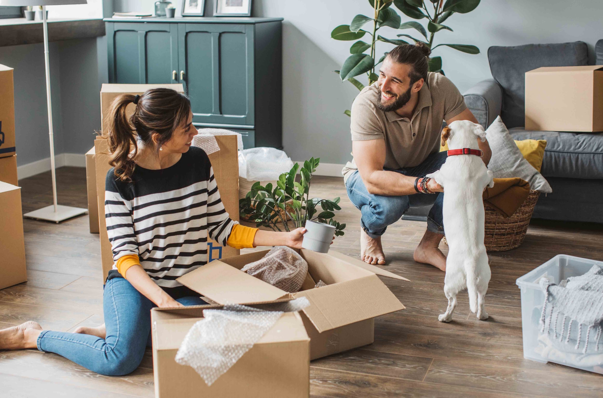 Man and woman are unpacking on the floor in the room with their dog