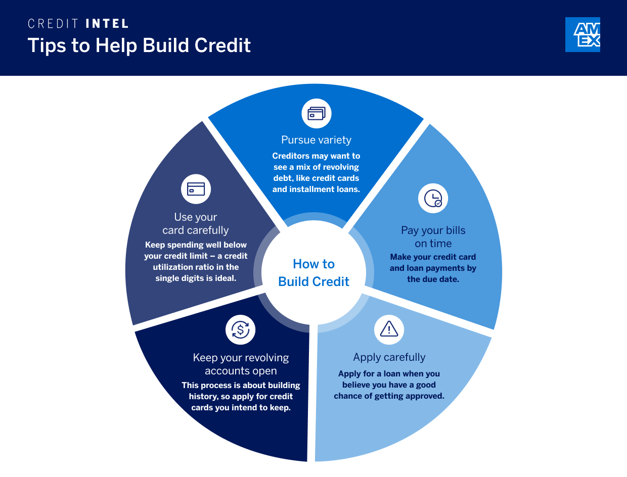 Infographic on "5 Steps to Help Build Credit" with tips including making on-time payments, considering a credit card or loan, and more.
