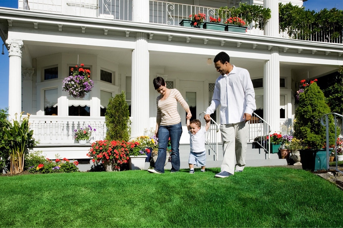 A family enjoying a pleasant day together on their front lawn.