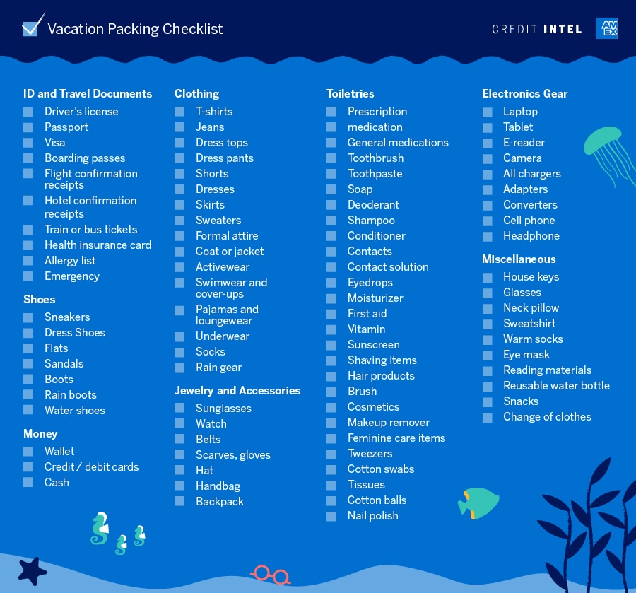 Vacation Packing Checklist. ID and Travel Documents, Clothing, Toiletries, Electronic Gear, Shoes, Money, Jewelry and Accessories, Miscellaneous. AMEX. Credit Intel.