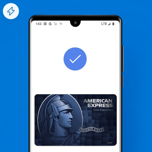 An Android screen displaying a digital wallet containing an American Express Blue Cash Preferred Card and a check mark denoting success