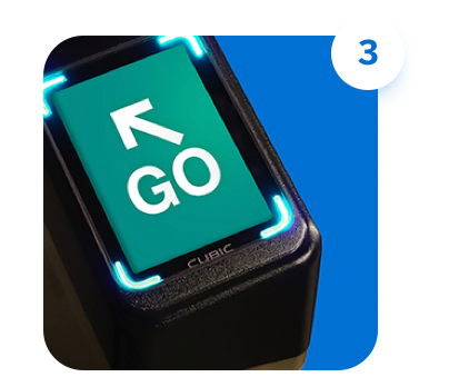 Digital turnstile screen reader displaying an arrow and the word Go