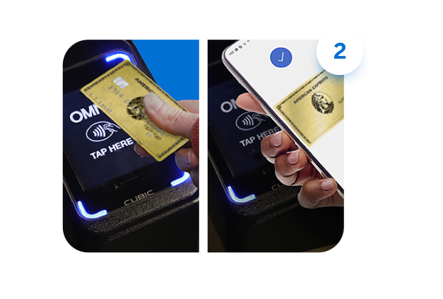 Hand tapping a digital turnstile screen reader with an iPhone that displays an American Express Platinum Card