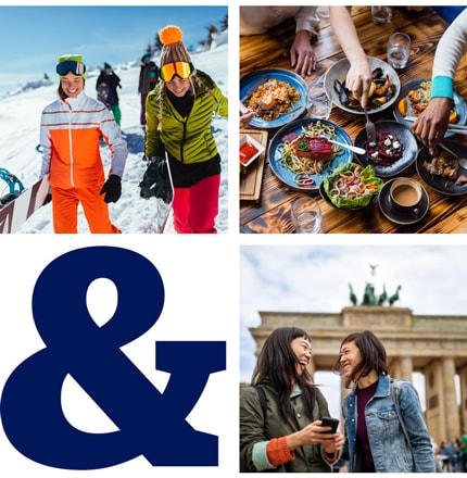 Photography of a ski trip, a meal, and a vacation where Card Members are sharing expenses with Amex Send.