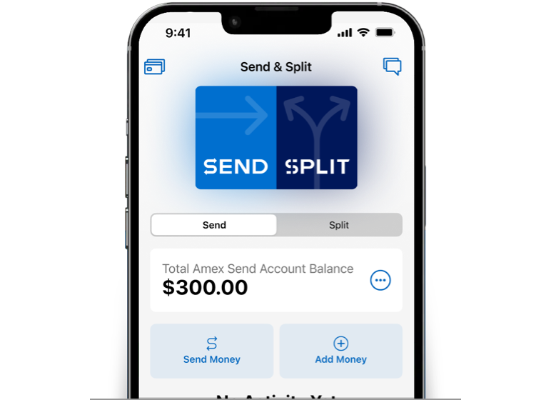 The Amex Send® Account screen showing balance and navigation buttons to send or add money. 