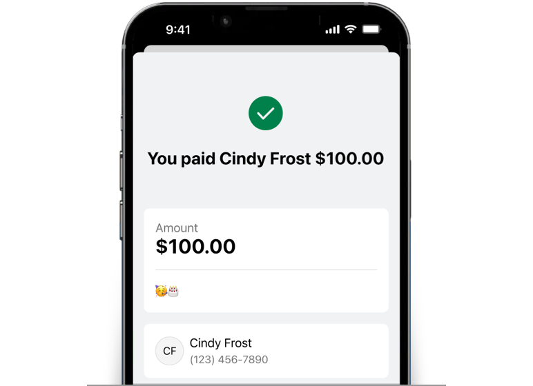 Payment confirmation screen displaying recipient and amount sent. 