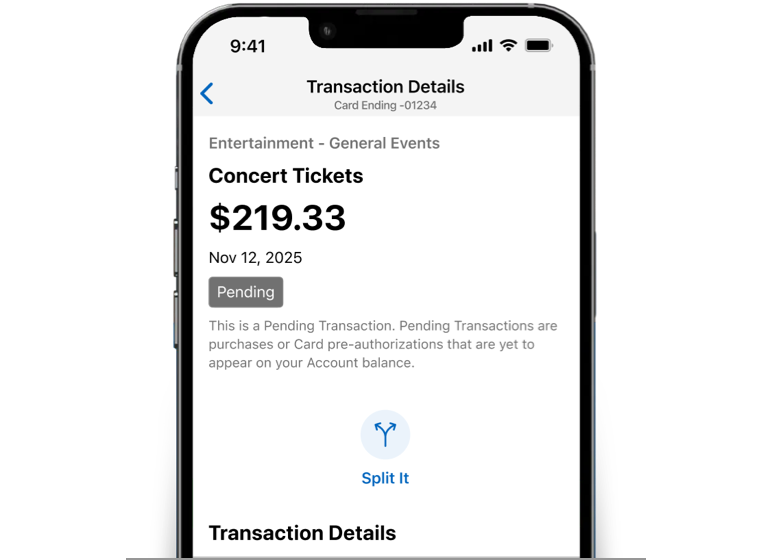 The Amex® App Transaction Details screen showing a purchase that can be split, along with a Split It button. 