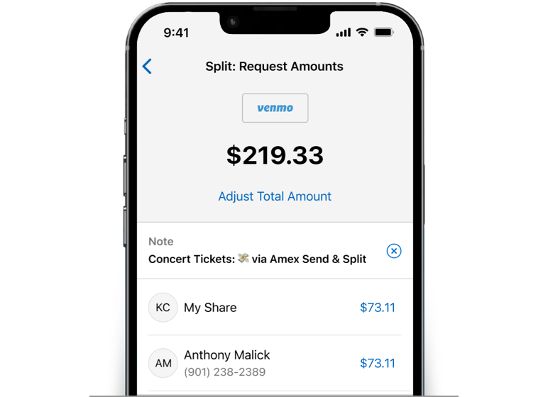 The Amex® App Split: Requested Amounts screen with a purchase split equally across each friend. 