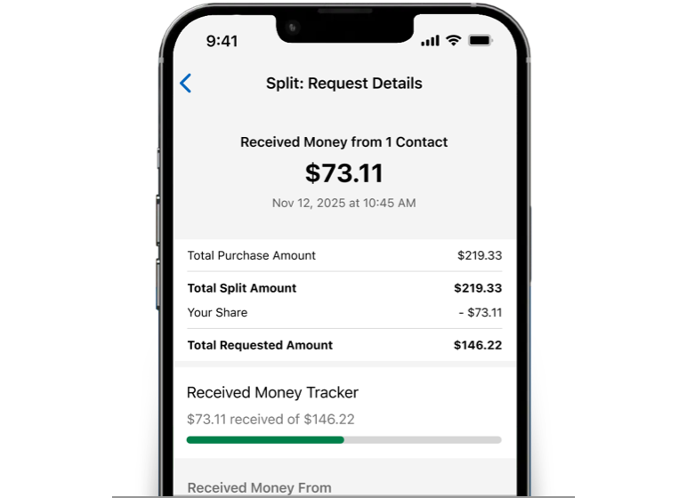 The Amex® App Request Details screen tracking who has paid a Card Member back.