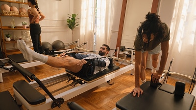 Hombre practicando pilates en estudio deportivo participante con beneficios de salud Gold Card American Express