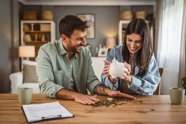 Una pareja revisando sus ahorros en su hogar.