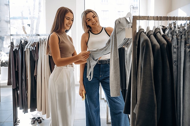 Dos mujeres mirando ropa en una boutique.