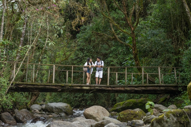 Pareja latina conversa en medio del puente en un entorno completamente natural La pareja está de vacaciones en el Eje ​​cafetero Colombia Salento Quindio