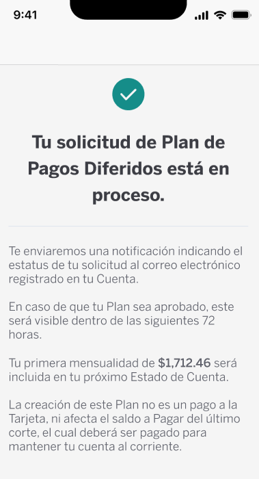 Pantalla confirmación de plan en Amex App