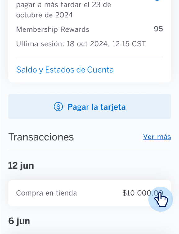Pantalla de inicio de Amex App