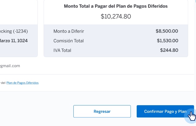 Pantalla de confirmación de plan de Servicios en Línea