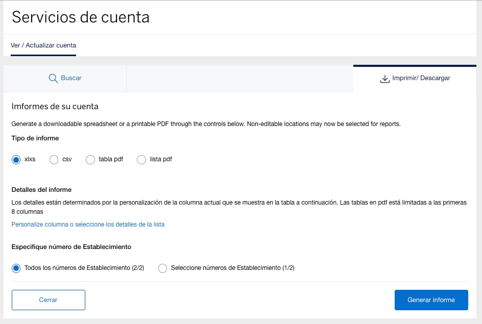 Screenshot of option to print or download account reports