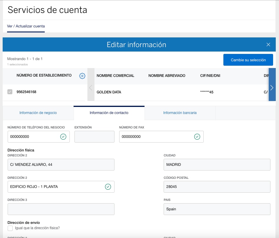 Screenshot of updating Contact Information