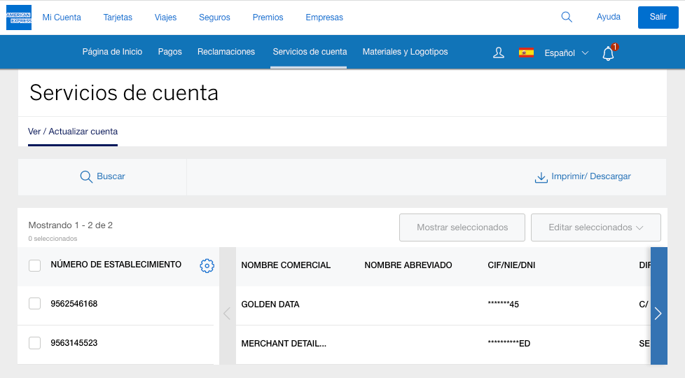 Screenshot of the View/Update tab under Account Services