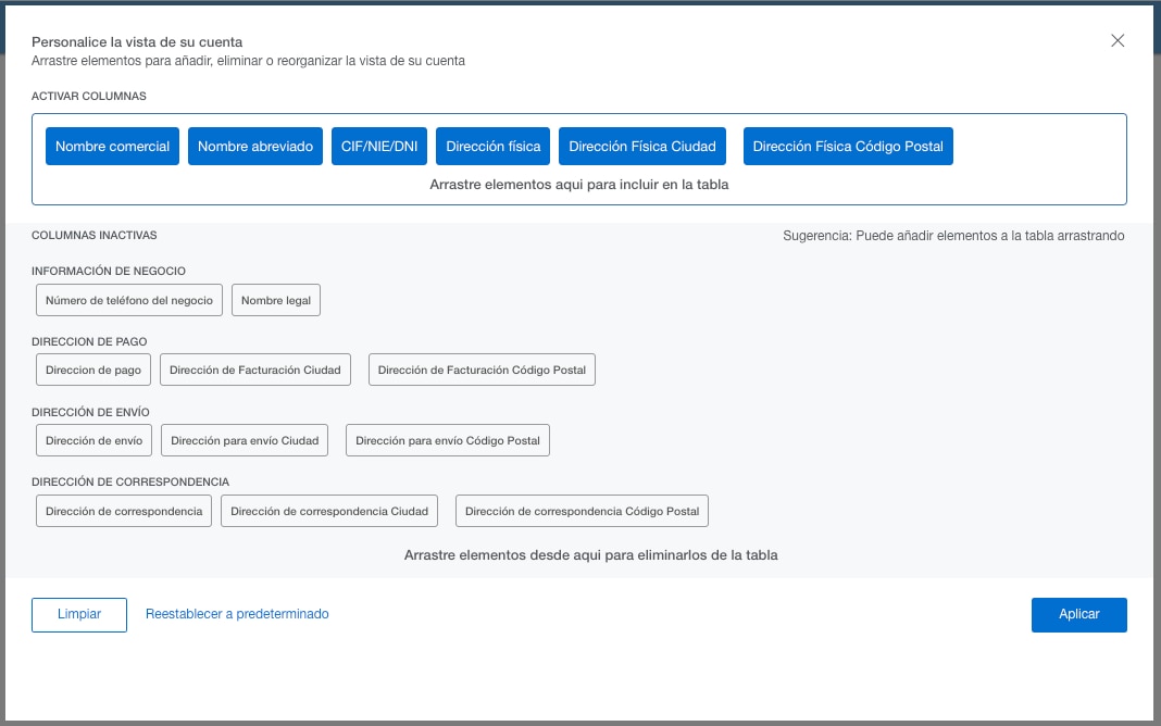 Screenshot of column customization options