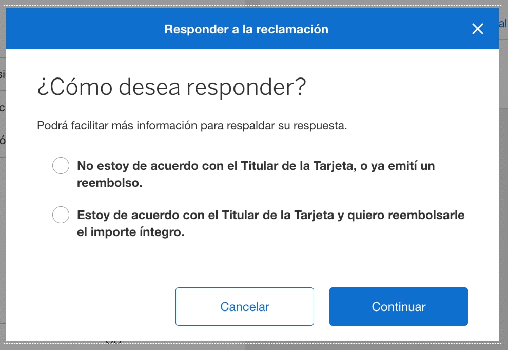 Screenshot of two options once clicking on the Respond to this Dispute button