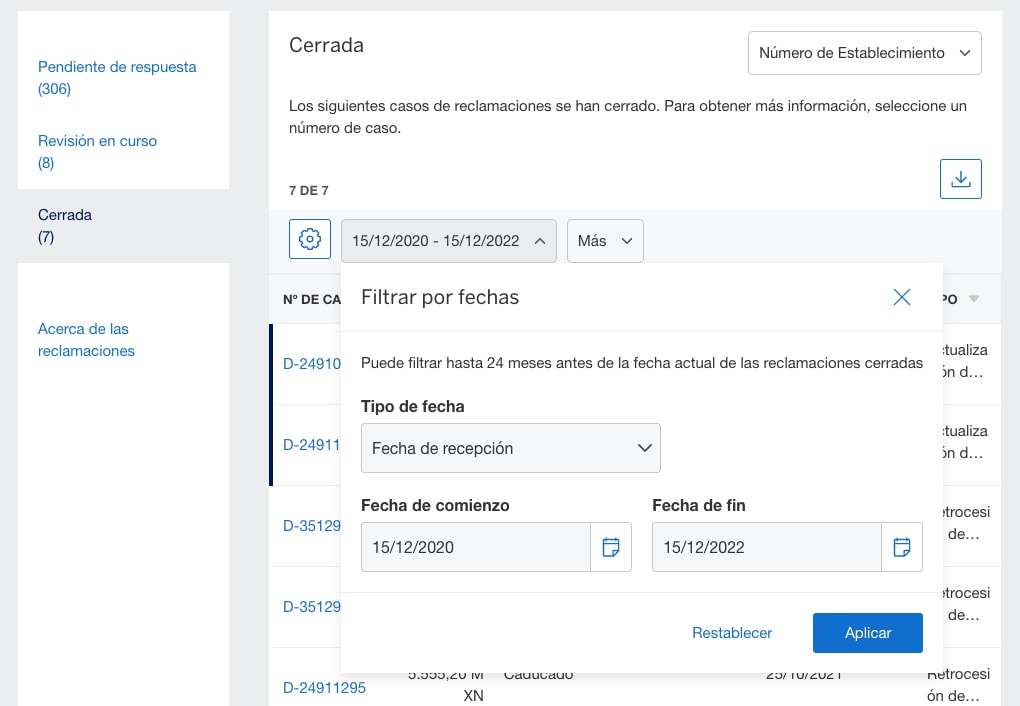 Screenshot of filtering dispute by the closed date