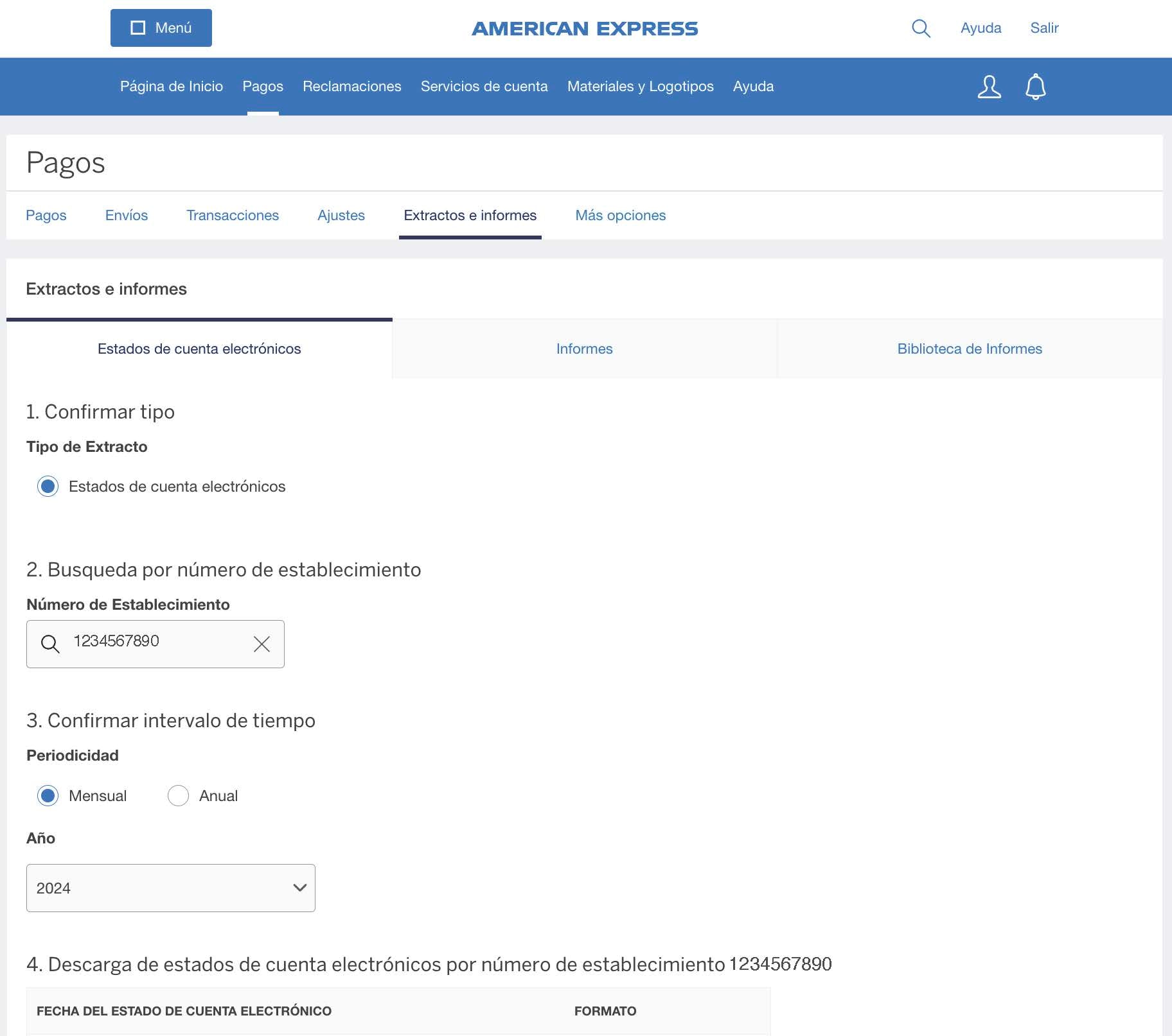 Screenshot of options for downloading E-Statements