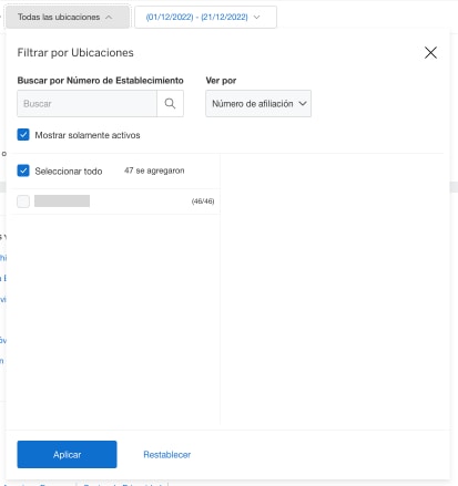 Screenshot of filtering adjustments and chargebacks by location
