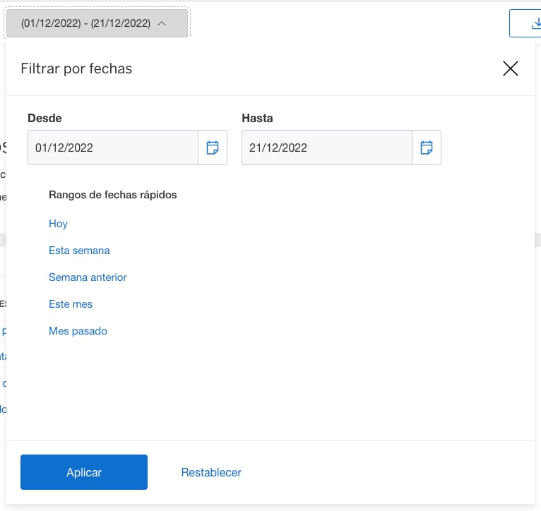 Screenshot of filtering by date