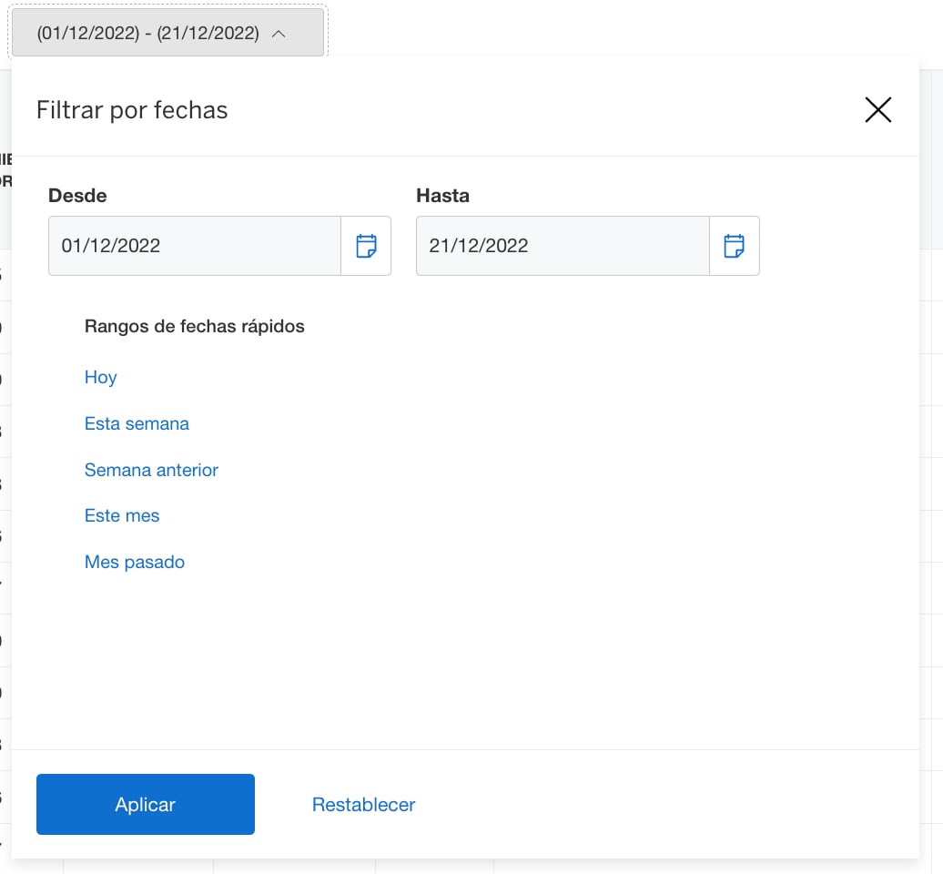Screenshot of filtering by date