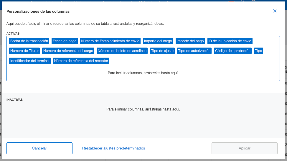 Screenshot of column customization options