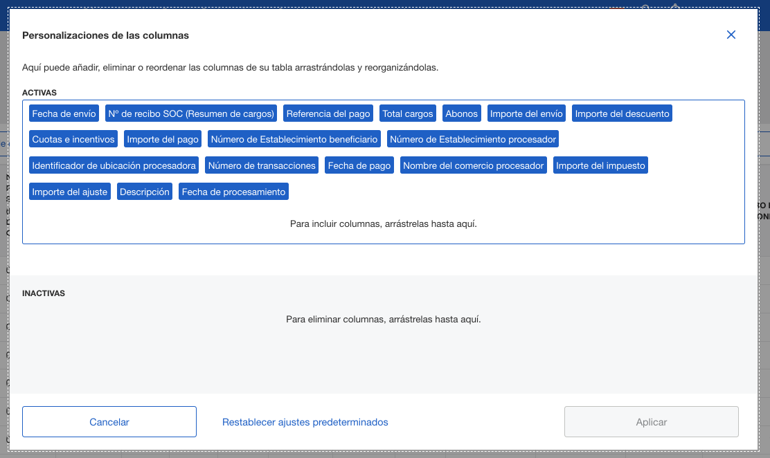 Screenshot of column customization options