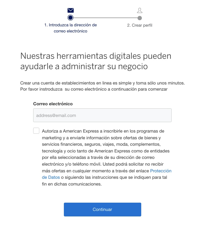 Screenshot of registration