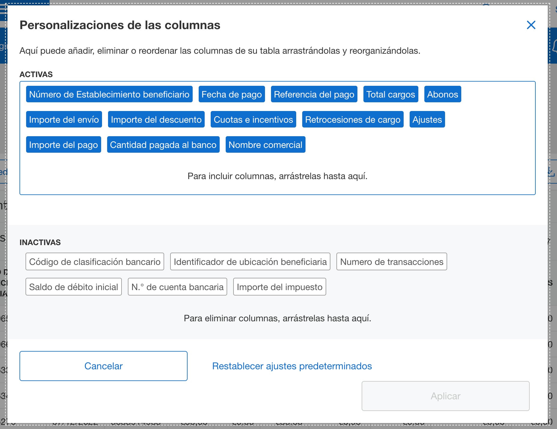 Screenshot of column customization options