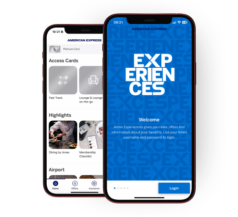 Matkapuhelin, jossa näkyy Amex Experiences -sovellus