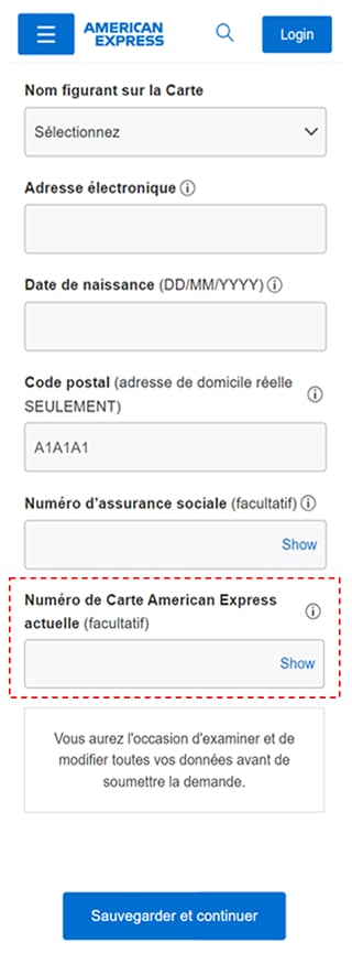 Numéro de Carte American Express actuelle