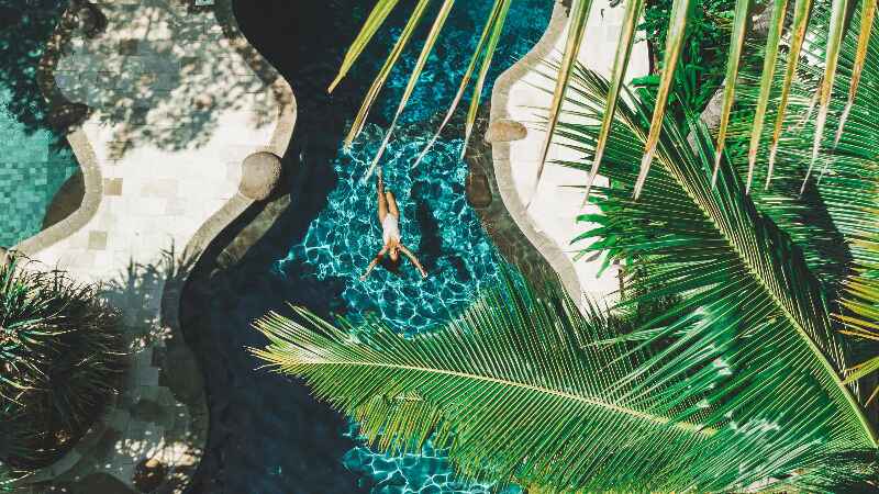 a person is swimming in a pool surrounded by palm trees .