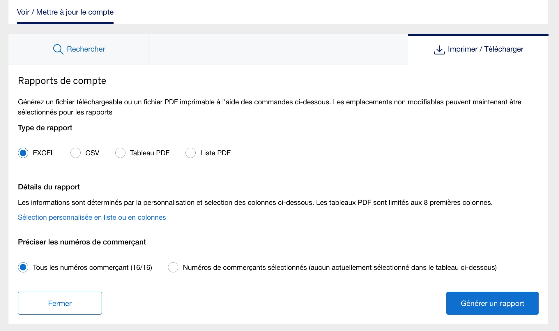 Screenshot of option to print or download account reports