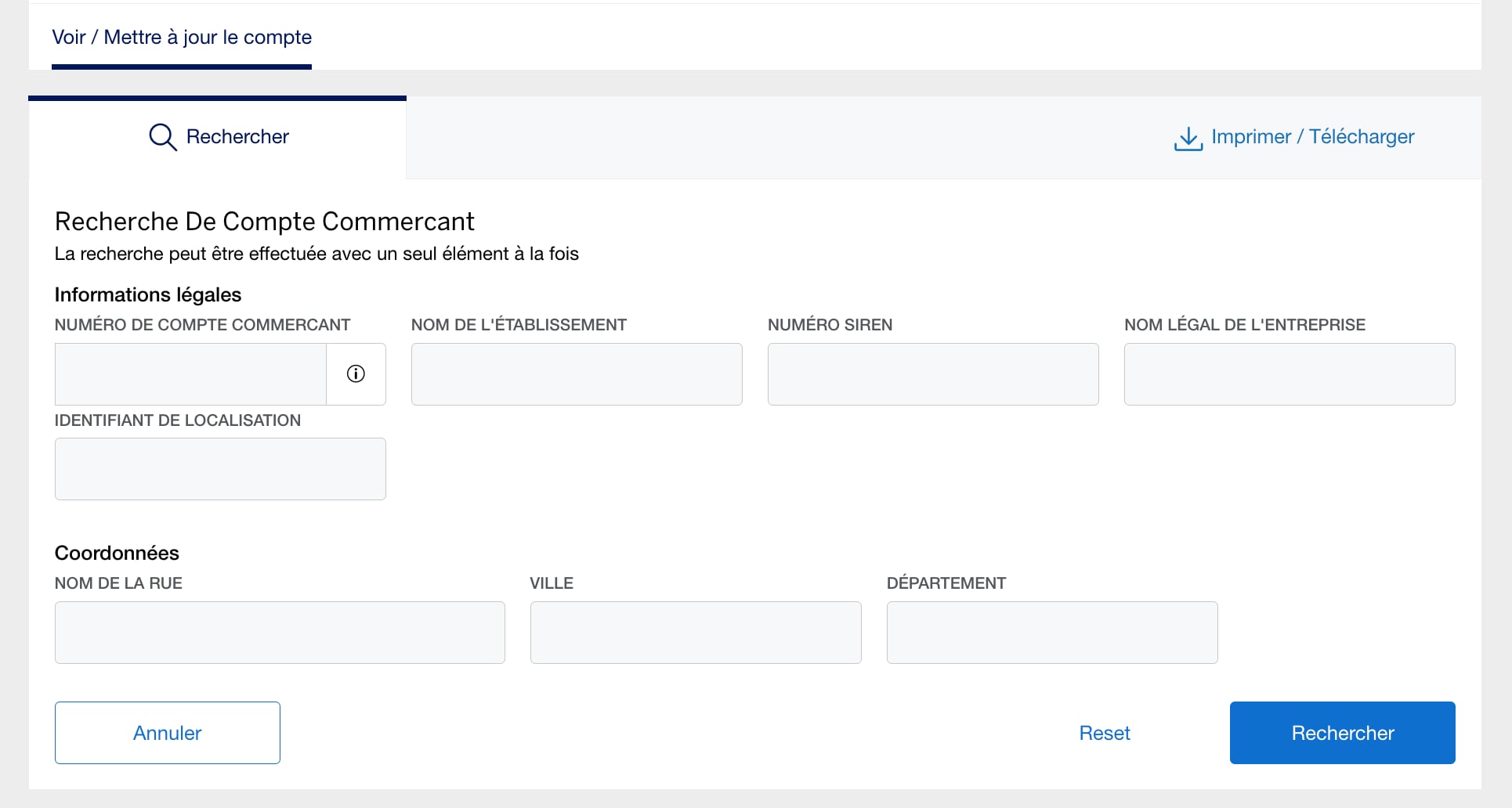 Screenshot of searching for account information