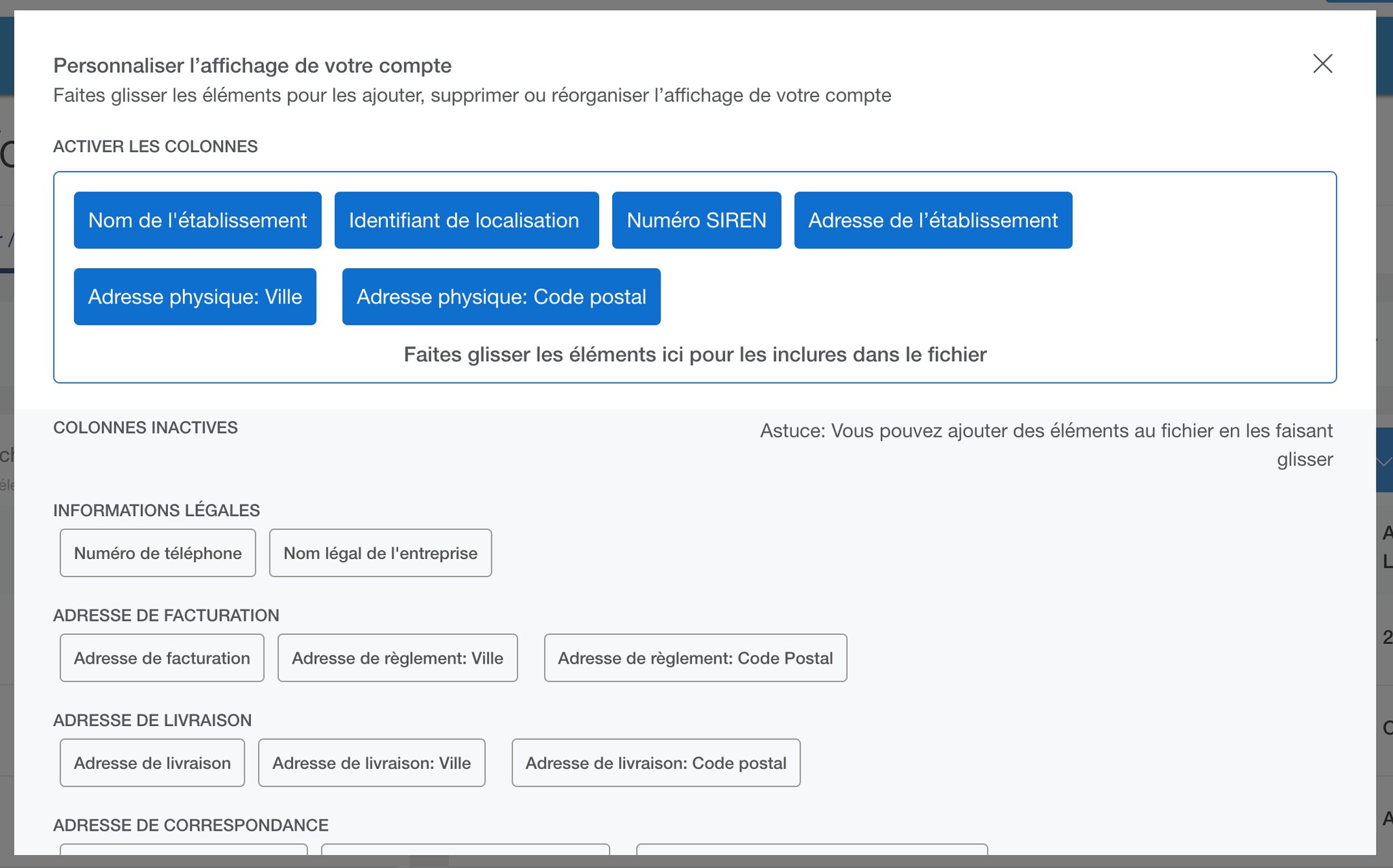 Screenshot of column customization options