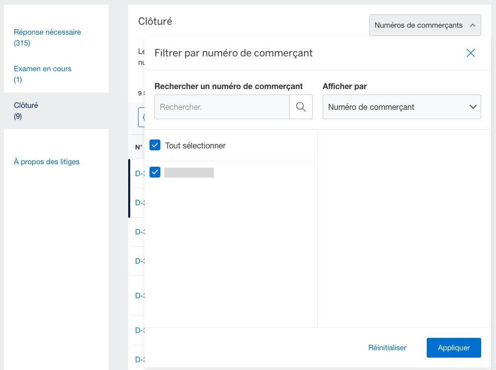 Screenshot of filtering closed disputes by merchant ID