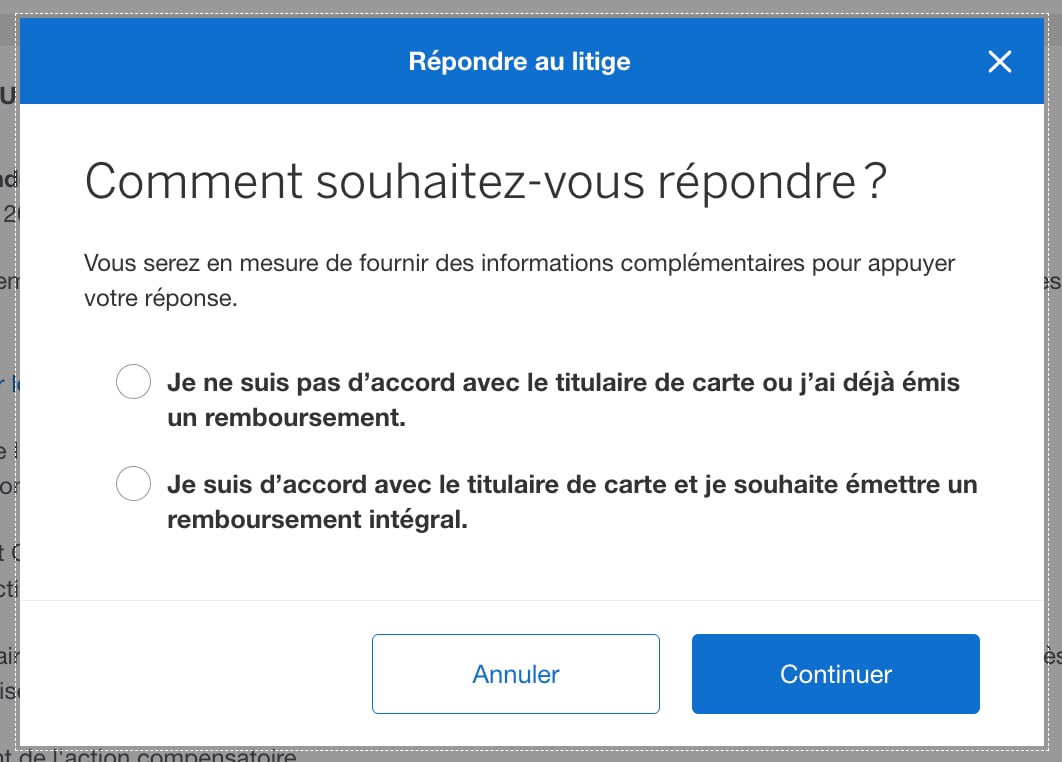 Screenshot of two options once clicking on the Respond to this Dispute button